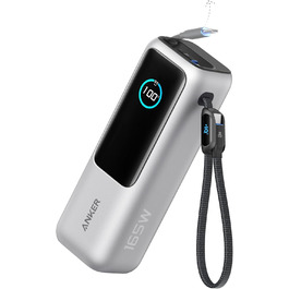 Powerbank Anker 25000mAh з 3 USB-C портами 100W, вбудований кабель, для iPhone, MacBook, Samsung та інших пристроїв (Срібний)