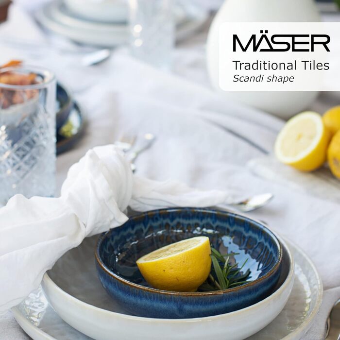 MSER 935079 Series Tiles Сучасний вінтажний набір посуду на 2 особи в мавританському дизайні Обідній сервіз з 8 предметів з тарілками та мисками з високоякісного керамічного керамограніту (скандинавська форма, синій)