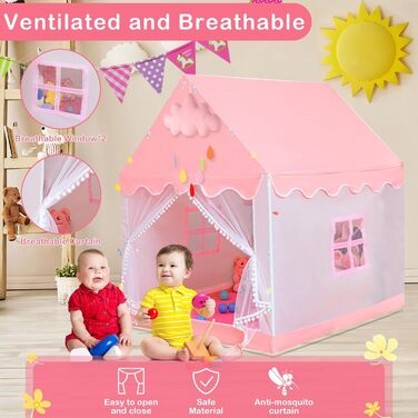 Дитячий намет-ліжко з ліхтариками та прапорцями, рожевий. Ідеально для гри вдома, для хлопчиків та дівчаток. Розміри: 47x40x51 см