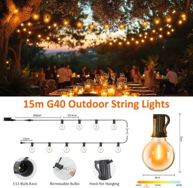 Ланцюжок прикрас для зовнішнього використання з таймером, 15 м LED-ланцюжок живлення на вулиці з 25+2 G40 лампочками, 4 режими та регульована яскравість. Водостійкий гірлянда для саду, балкону, тераси, вечірки, весілля (тепле біле світло)