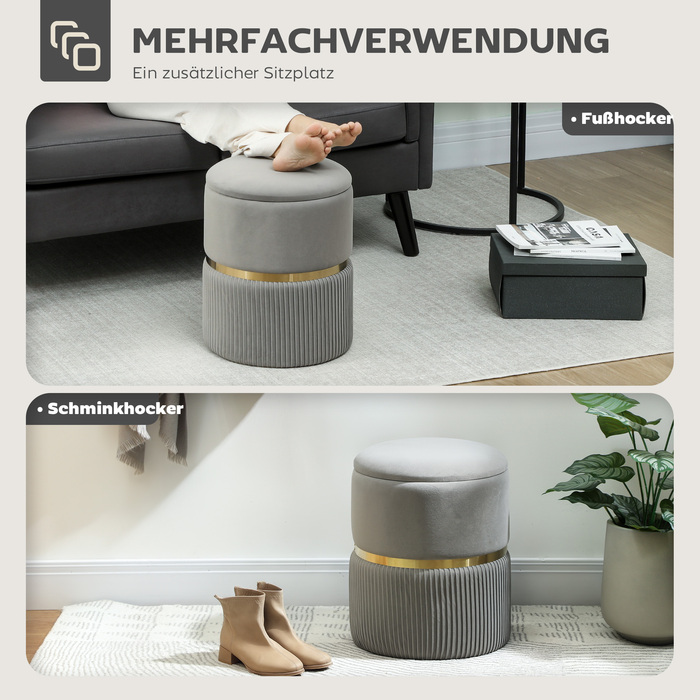 Пуф-контейнер, обтягнутий оксамитом, знімний верх, м'яке сидіння та приховане місце для зберігання, світло-сірий