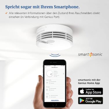 Датчик диму Hekatron Genius Plus з батареєю на 10 років – Тест-переможець Stiftung Warentest – Зроблено в Німеччині – з клейкою підкладкою – з підтримкою додатку – 1 шт.