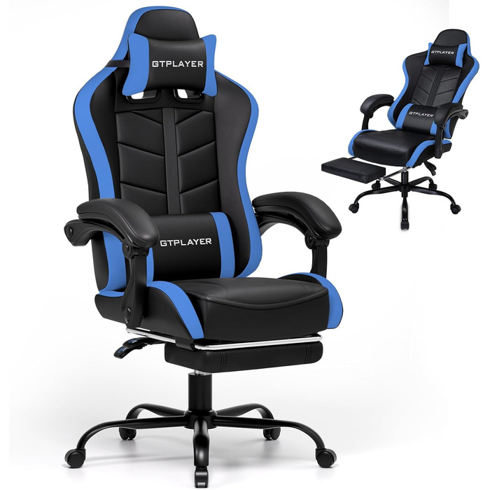 Ігровий крісло GTPLAYER з підніжкою, біло-блакитний, для геймерів, 150 кг, PU шкіра, ергономічний
