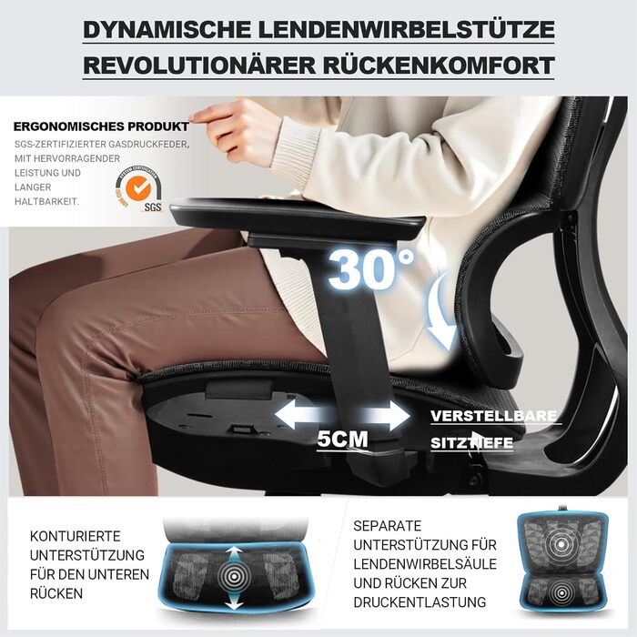 Ергономічне крісло для офісу, 4D підлокітники, регульована глибина сидіння, 4-рівневий нахил, гумові колеса, сітчаста сидіння, висока спинка, для великих людей, Homeoffice & Gaming, чорне ергономічне крісло з сітчастою подушкою сидіння