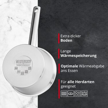 Каструля Meisterkoch з нержавіючої сталі 16 см | з виливом, мірною шкалою та ізольованою ручкою | 1 скляна кришка з дрібним та великим ситом | посуд з нержавіючої сталі, підходить для індукційних плит 16 см