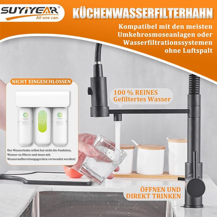 Смуговий змішувач для кухні SUYIYEAR чорний, розсувний, поворотний на 360, нержавіюча сталь, для фільтра для води, 3-