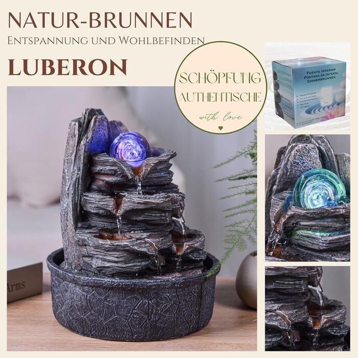 Джерело води Zen'Light Zimmerbrunnen: природний водоспад зі каменями та LED-підсвіткою для медитації та релаксації. Декоративний фонтан для дому, Feng Shui, H 23см (Luberon)
