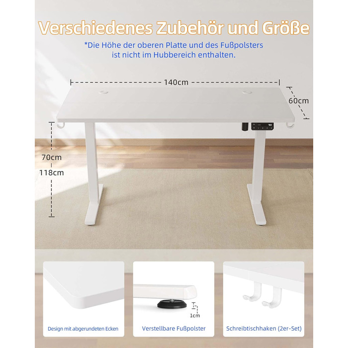 Електричний регульований стіл YIHAYO 140x60 см з пам'яттю, білий, для дому та офісу