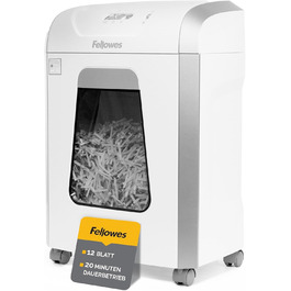 Fellowes знищувач паперу P4, 12 листів, перехресне різання, 19 л кошик, для офісу та дому, FS-12C, знищення кредитних карт, білий