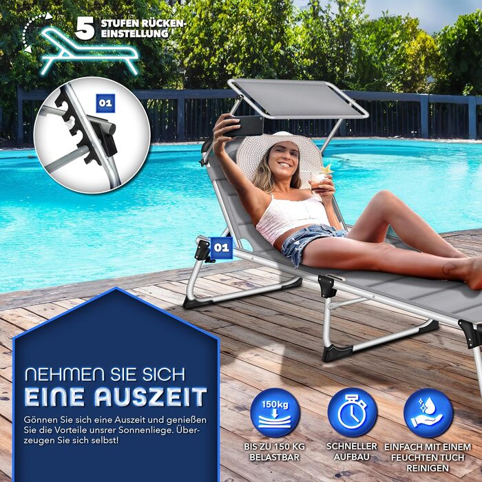 Сонячне ліжко Tillvex® з дахом та подушкою для голови | Садовий лежак, розкладний | Пляжний лежак з регульованою спинкою | Алюмінієве ліжко (з преміум-подушкою), сірий