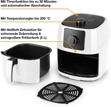 Аерофритюрниця KOCHWERK ємністю 5 л Смаження та точне приготування без жиру, також ідеально підходить для гриля, запікання та розігріву Можна мити в посудомийній машині та функція таймера 1400 Вт/білий