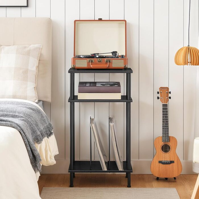 HOOBRO Підставка для програвача, 3-рівнева, приставний столик, органайзер для платівок, CD та альбомів, вінтажний коричневий та чорний (Чорний)