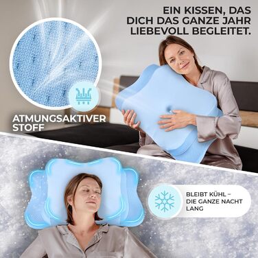 Подушка для шиї з Memory Foam, ергономічна, для всіх типів сну, з чохлом, сертифікат Oeko-TEX®, регулює температуру, (Блакитна, запасний чохол)