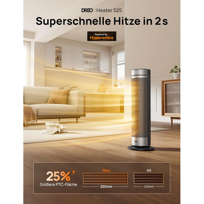 Електричний обігрівач Dreo 23 дюйми, 2000 Вт, тихий, з пультом, таймером, осциляцією, 5 режимів, PTC-кераміка, термостат, для великих приміщень, офісу, срібний