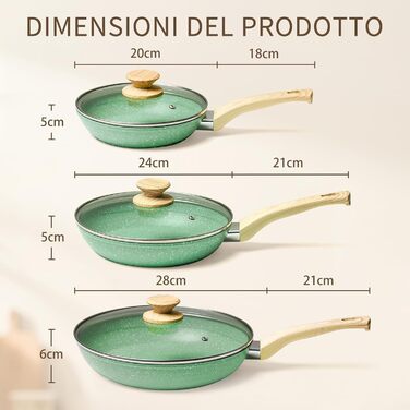 Набір сковорідок Innerwell з кришкою 3 шт. (20, 24, 28 см), індукційні сковороди з керамічним антипригарним покриттям, для професійного використання, безпечні (PFOA-free), придатні для миття в посудомийній машині, м'ятно-зелені