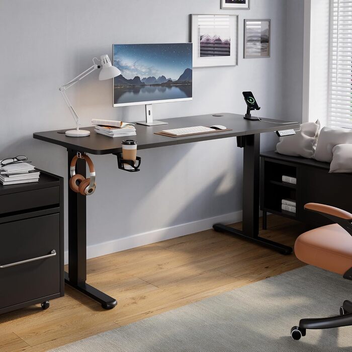 Регульований стіл для роботи з USB-C зарядкою 140 x 60 см, функція пам'яті. Стабільний електричний стіл, стоячий/сидячий, офісний, чорний.