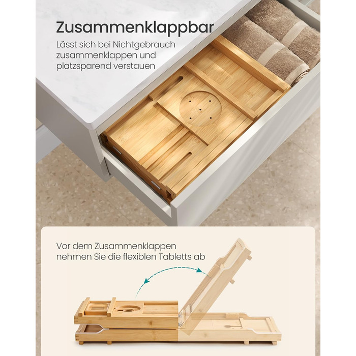 Полиця для ванни розкладна SONGMICS з бамбука 70-95.6 см, бежева - для книг, планшета, келиха, рушників