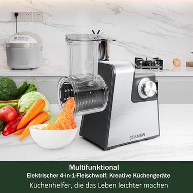 Електрична м'ясоподрібнювач STANEW 2500W з нержавіючої сталі [4-в-1] з 5 лезами (хвильовий ніж/різання/тертка) та подвійним мотором - для м'яса, овочів, зелені + насадка для ковбас та для вирізання печива
