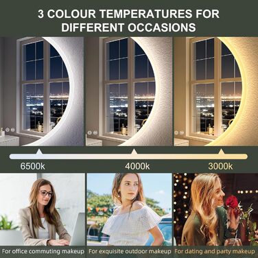 Дзеркало для ванної кімнати S'bagno Runder з підсвічуванням 60 см, антизапар, 3000K/4000K/6500K, регулювання яскравості, HD скло, функція пам'яті, IP44, 60x60 см