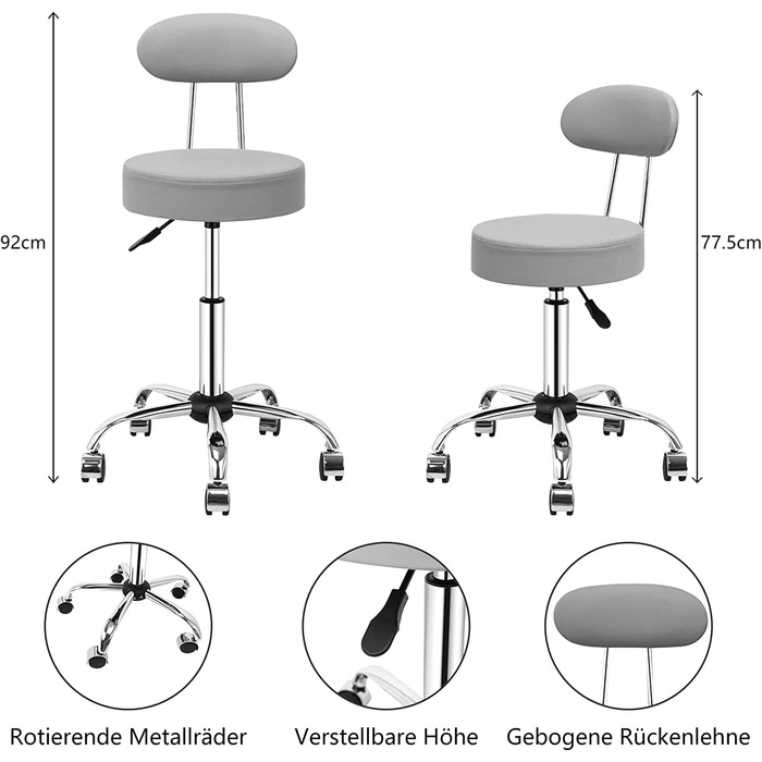 Стілець на коліщатках зі спинкою робочий стілець з регульованою висотою 50-64 см обертовий стілець барний стілець стілець на коліщатках з сидінням, обтягнутим штучною шкірою обертається на 360 обертовий стілець для манікюрного салону Фотостудія клініка (с