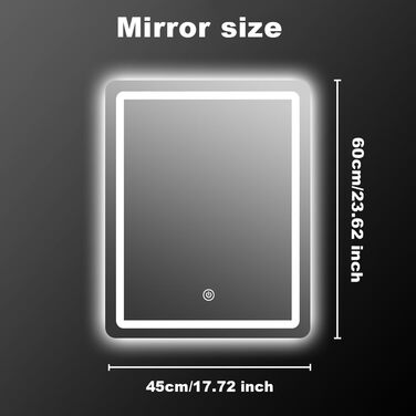 Дзеркало для ванної кімнати MYGIIVOVO з підсвічуванням LED, сенсорне керування, 3 кольори, 60x45 см