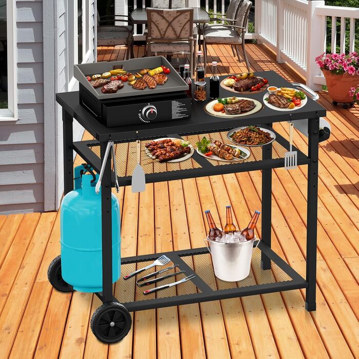 Гриль-вогнівку з грилем та піч для піци на коліщатках - стіл для гриля та піци для вулиці з двома сітчастими полицями для дому, вечірки, кемпінгу