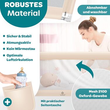 Захисний бортик для ліжка KESSER® 150 см, сітчастий, складаний та регульований по висоті, захист від випадання для дітей та немовлят, бежевий