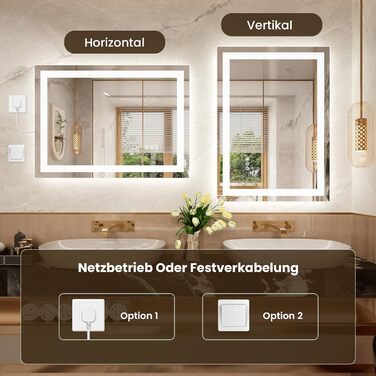 LED дзеркало для ванної кімнати 60x80 см з підсвічуванням, сенсорне, регульоване, 3 кольори світла, антизапар, IP44, вертикальна/горизонтальна установка