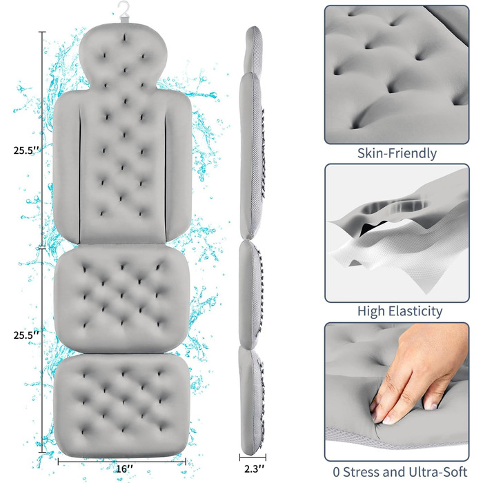 Подушка для ванни, повного тіла з 160 присосками, килимок для ванни для підтримки голови та шиї, з мішком для білизни (Темно-сірий, 130 x 41 см)