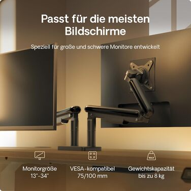 Підставка для двох моніторів Desktronic, до 32 дюймів, 8 кг, 360° обертання, регулювання висоти, міцна конструкція, проста установка, для великих моніторів, ергономічна, VESA 75/100, чорна