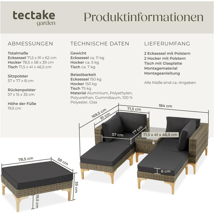 Тектейк® Набір садово-розкладних меблів з ротангу Outdoor Lounge на 5 місць, з кутовим кріслом, пуфом, столиком, комплект для відпочинку, з подушками для сидіння та спинки (Натуральний)
