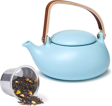 Чайний сервіз ZENS, фарфор з ситечком, 800 мл, матовий японський чайник з дерев'яною ручкою, керамічний білий з 4 чашками і підставкою з ротанга для розсипного чаю, подарунок (04-яскраво-синій чайник)