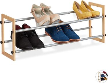 Висувна полиця для взуття, відкрита полиця для взуття з 2 рівнями, дерево та залізо, розширюється до 118 см по ширині, натуральні 2 полиці