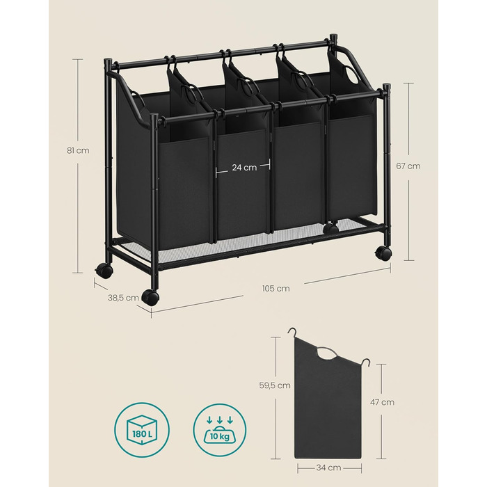 Кошик для білизни з колесами, 4 знімні мішки, 180 л, чорнило чорне, для пральні/спальні/ванної кімнати
