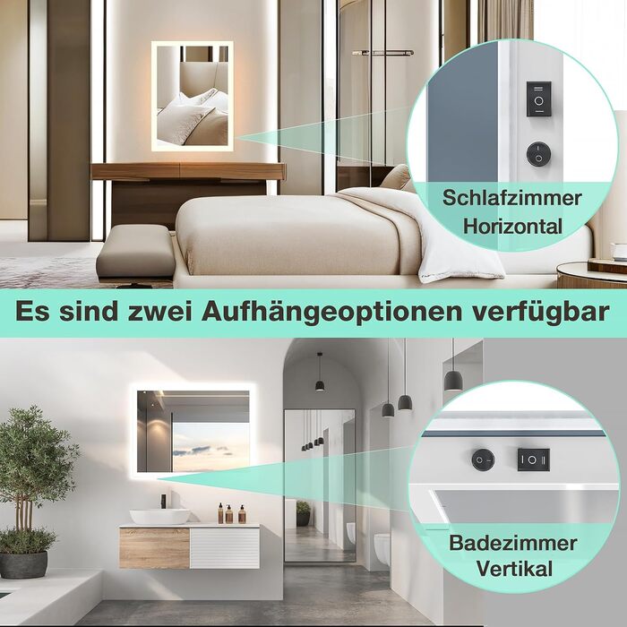 Дзеркало для ванної кімнати GIMBELEN з підсвічуванням LED, антизапар, 2 кольори світла (3000K/6500K), функція пам'яті, прямокутна форма, 50 x 70 см