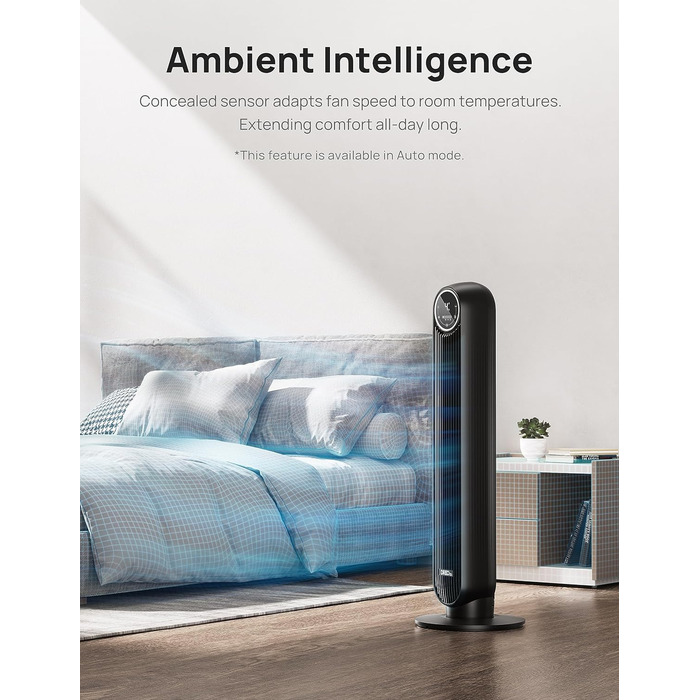 Dreo Smart Tower Fan - Безшумний вентилятор з керуванням через додаток та голосовим управлінням, 90° обертання, 4 режими, 4 швидкості, таймер 8 годин, Nomad One S, чорний