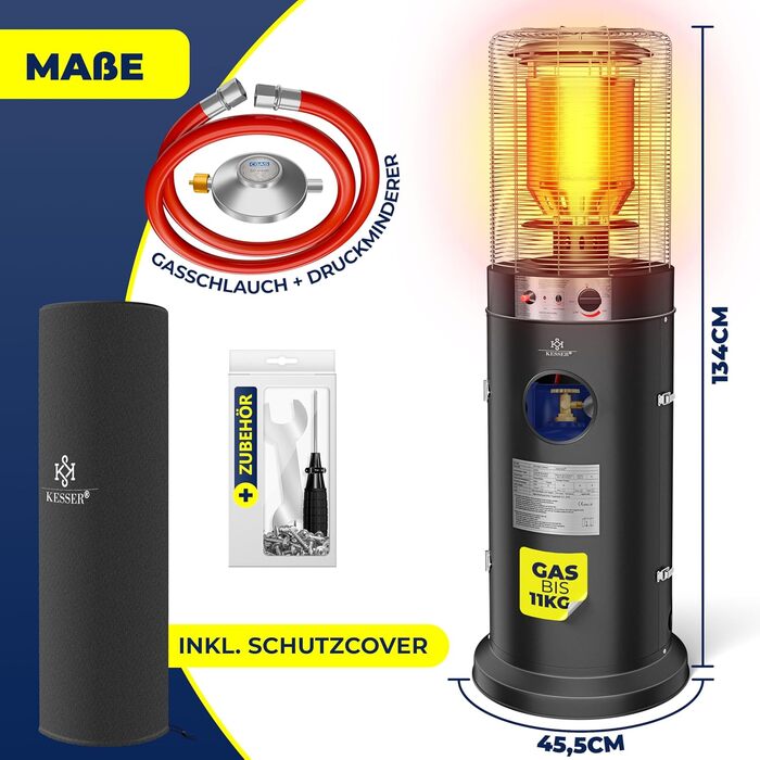 Газовий обігрівач KESSER® KE12 - Тепло для тераси: 10 кВт, з захисним чохлом, чорний (Газовий балон не входить у комплект)