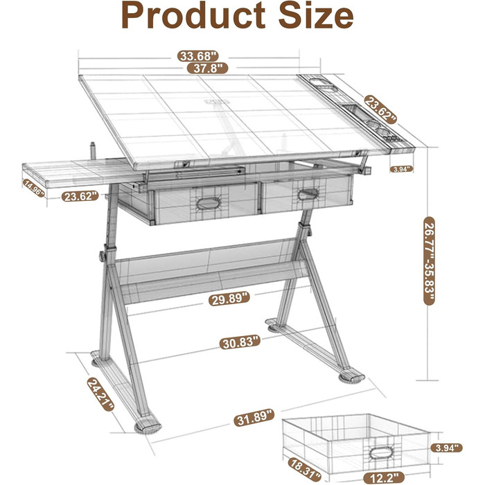 Регульований стіл для малювання, мольберт для художників, стіл для малювання з нахиленою поверхнею 0-80°, стіл для творчості з ящиками для дітей та дорослих