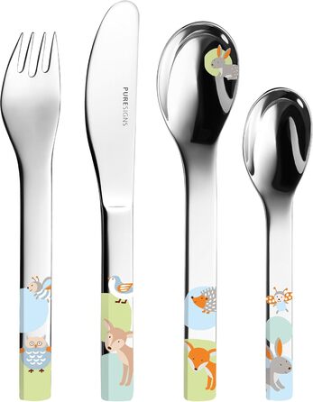 Puresigns WOODY Преміум дитячий набір столових приборів: ергономічний 4-частинний набір з нержавіючої сталі з мотивами лісових тварин для хлопчиків та дівчаток