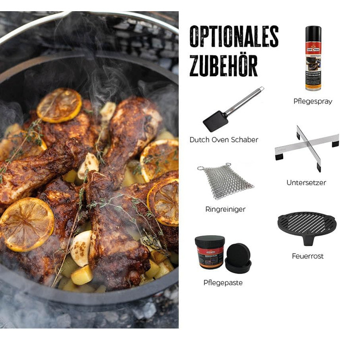 Набір Dutch Oven Grillfürst BBQ Edition DO 9: чавунний котелок з ніжками, 8,5 л (Dutch Oven DO 28) з підйомником кришки та сумкою для зберігання