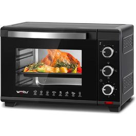 Міні-піч WOLTU 28 л, піч для піци 1600 Вт, 100-230 °C, таймер 0-60 хв, 3 режими нагріву, з деко, решіткою, підсвічуванням крихт, підйомником решітки, чорна