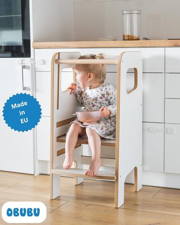 Дерев'яний навчальний столик-сходинка Montessori для дітей з бічною перегородкою – білий, безпечний та стійкий, регульована висота, з блокуванням, сучасний дизайн Model 4