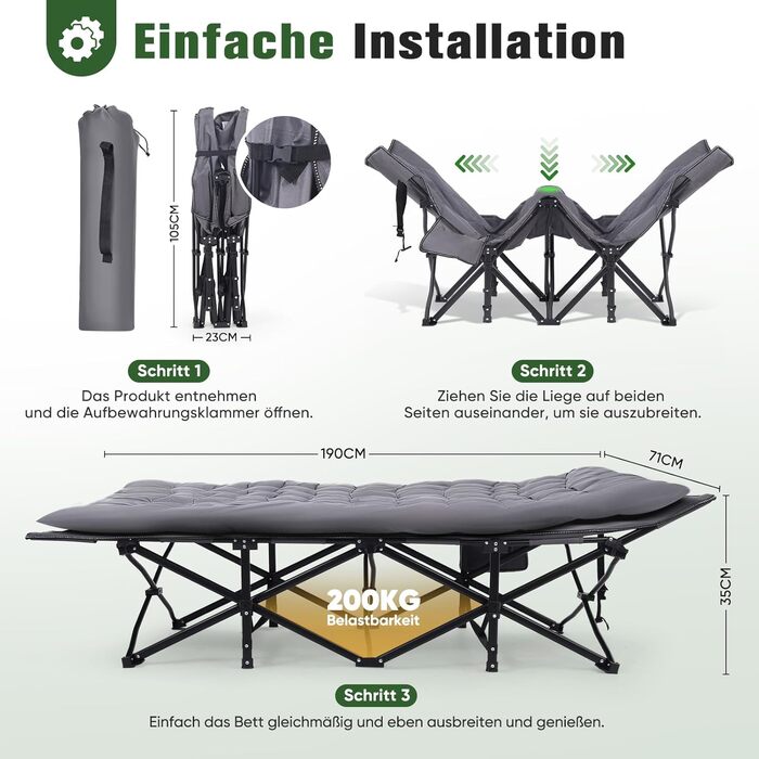 Розкладне ліжко для кемпінгу Sekey XXL (190x71x35 см) з матрацом, посилений сталевий каркас та тканина Oxford, сіре