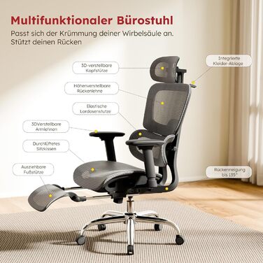 Ергономічне крісло для офісу Voll-Mesh з підголівником, підставкою для ніг, регульованою спинкою, підлокітниками, саморегульованою поперековою підтримкою, PU-колесами, поворот на 360°, 150 кг, темно-сірий