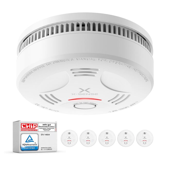 Датчик диму X-Sense з батареєю на 10 років, сертифікований TÜV Rheinland, з функцією вимкнення звуку та самотестування, SD11, набір 5 шт, білий