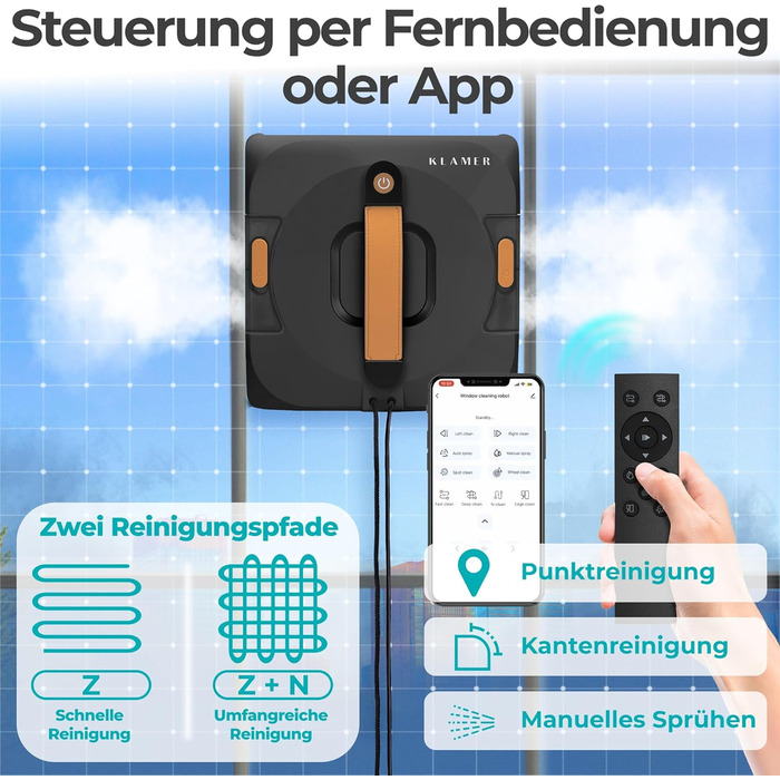 Робот-прибиральник вікон KLAMER 3500 Pa – автоматичний мийник вікон з резервуаром для води 100 мл, функція вологого прибирання, розпізнавання країв, тиха робота 60 дБ, захист від падіння та інтелектуальне планування маршруту (Чорний)