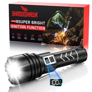 Потужний тактичний ліхтарик Shadowhawk LED 1 000 000 Лм, 50Вт, акумулятор 6000mAh, дальність 1000м, LCD-дисплей, функція розпалювання вогню, чорний — для кемпінгу та виживання