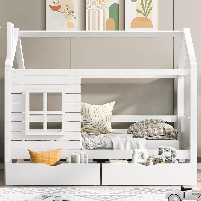 Дитяче ліжко 80x160 см з ящиками та віконцем, масивне дерево, захист від падіння, ламелі, для хлопчиків та дівчаток, ліжко-будиночок, без матраца, білий колір