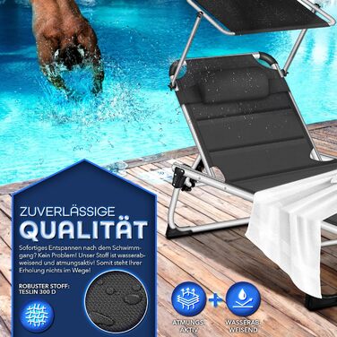 Сонячне ліжко Tillvex® з дахом та подушкою для голови | Садова розкладна ліжко-шезлонг | Пляжне ліжко з регульованою спинкою | Алюмінієва ліжко (з преміум-подушкою), Чорний