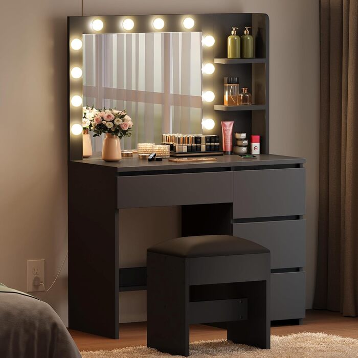 Дзеркальний туалетний столик YITAHOME з підсвічуванням та 4 шухлядами, чорний